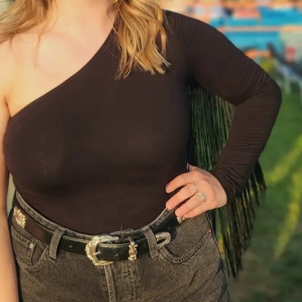 Black Fringe One Shouler longsleeve Bodysuit Large